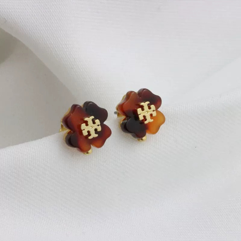 Tory Burch Classic 4 Leaf Clover Leopard Print Resin Earrings Double Letter